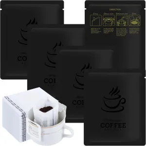100 PCS Drip Coffee Bag with Coffee Filter Paper Bag (100 PCS) Black Aluminum Foil Hanging Ear Coffee Beans Storage Packaging Bags, Portable Heat Seal Drip Coffee Pouches for Travel, Camping, Home