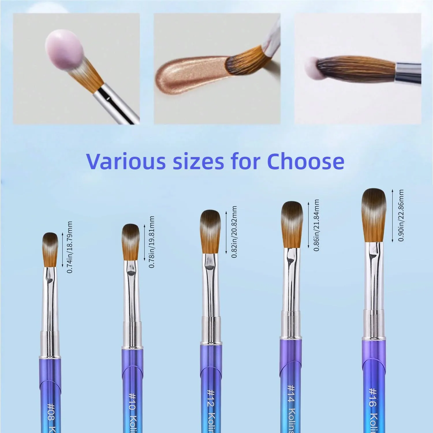 100% Pure Kolinsky Hair Acrylic Nail Art Brushes – Oval Crimped Tip for Acrylic Powder, Gradient Blue Metal Handle, Professional Nail Art Brush for Salon & DIY (12)