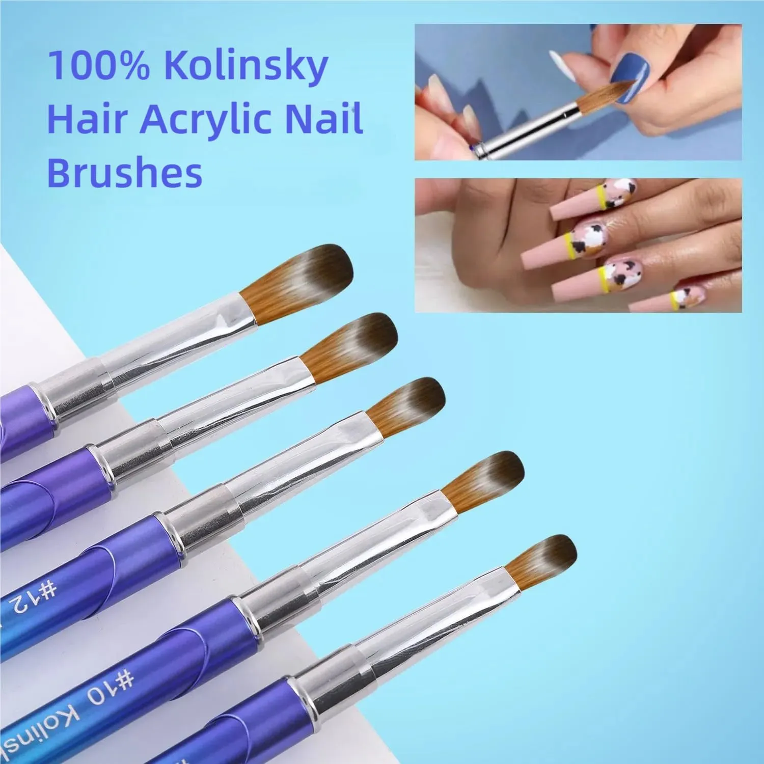 100% Pure Kolinsky Hair Acrylic Nail Art Brushes – Oval Crimped Tip for Acrylic Powder, Gradient Blue Metal Handle, Professional Nail Art Brush for Salon & DIY (12)