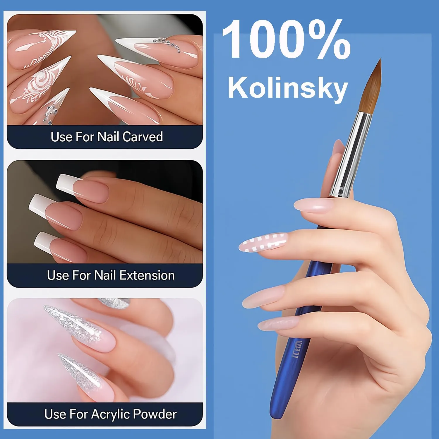 100% Pure Kolinsky Hair Acrylic Nail Art Brushes – Oval Crimped Tip for Acrylic Powder, Gradient Blue Metal Handle, Professional Nail Art Brush for Salon & DIY (12)