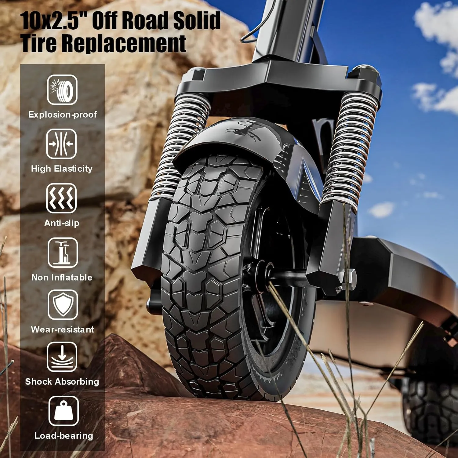 10X2.5 Off Road Tire for Ninebot F20/F40/G30/mi4 ULTRA/mi4,10 inch Solid Tyres 60/70-6.5 with Mounting Tool for Electric Scooter, 10X2.5'' Scooter Replacement Wheels For Front(Black 2pcs)