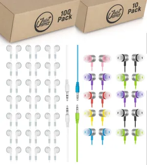 110-Pack Bulk Wired Earbuds: 100 Simple White Wired Earphones   10 Disposable Multi-Color Kids Headphones | Affordable Earphones for Classroom, School, Office, Travel, and Everyday Use