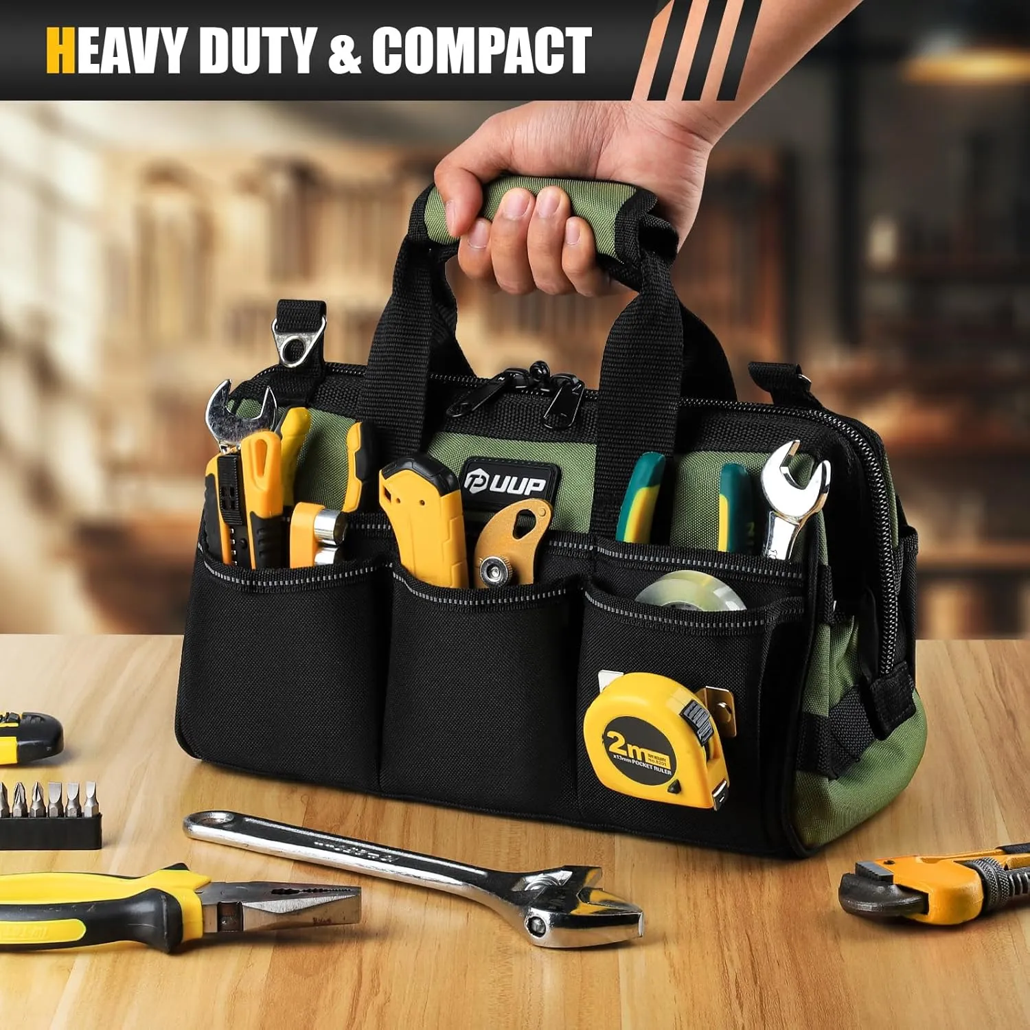 12-Inch Small Tool Bag, 15-Pocket Portable Tool Box Organizer Storage, Heavy Duty Tactical Carrying Tote, Home Toolbag with Large Zipper, Father Day Dad Men Engineer Electrician Gift, Green