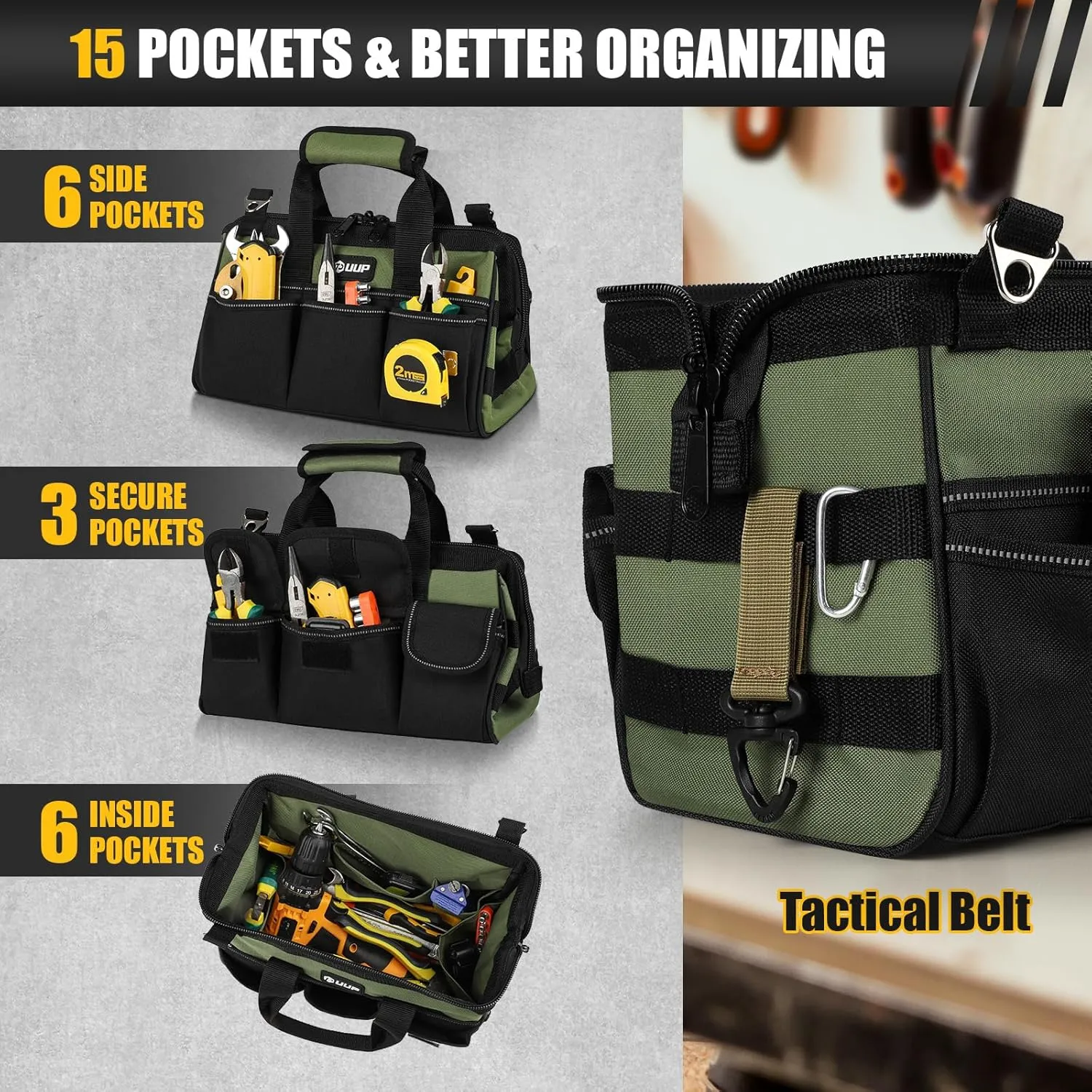 12-Inch Small Tool Bag, 15-Pocket Portable Tool Box Organizer Storage, Heavy Duty Tactical Carrying Tote, Home Toolbag with Large Zipper, Father Day Dad Men Engineer Electrician Gift, Green