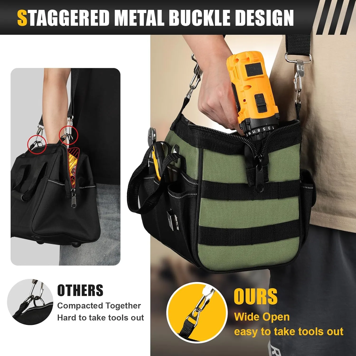 12-Inch Small Tool Bag, 15-Pocket Portable Tool Box Organizer Storage, Heavy Duty Tactical Carrying Tote, Home Toolbag with Large Zipper, Father Day Dad Men Engineer Electrician Gift, Green