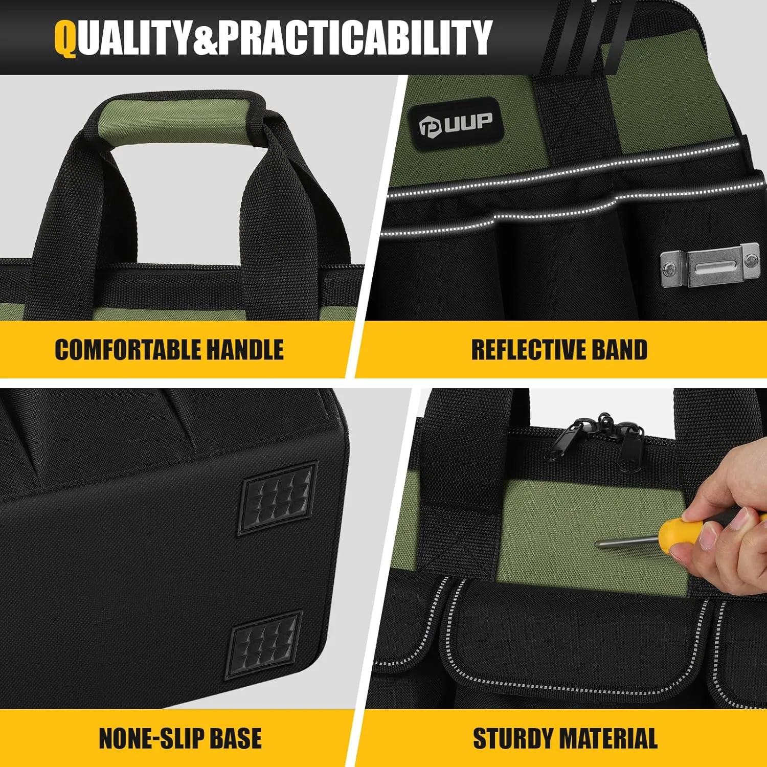 12-Inch Small Tool Bag, 15-Pocket Portable Tool Box Organizer Storage, Heavy Duty Tactical Carrying Tote, Home Toolbag with Large Zipper, Father Day Dad Men Engineer Electrician Gift, Green