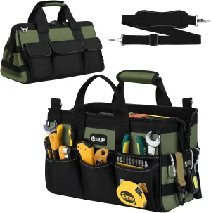 12-Inch Small Tool Bag, 15-Pocket Portable Tool Box Organizer Storage, Heavy Duty Tactical Carrying Tote, Home Toolbag with Large Zipper, Father Day Dad Men Engineer Electrician Gift, Green