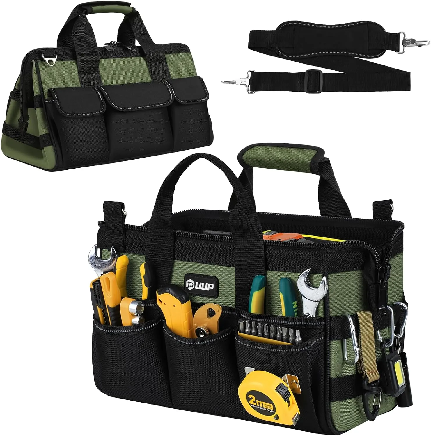 12-Inch Small Tool Bag, 15-Pocket Portable Tool Box Organizer Storage, Heavy Duty Tactical Carrying Tote, Home Toolbag with Large Zipper, Father Day Dad Men Engineer Electrician Gift, Green