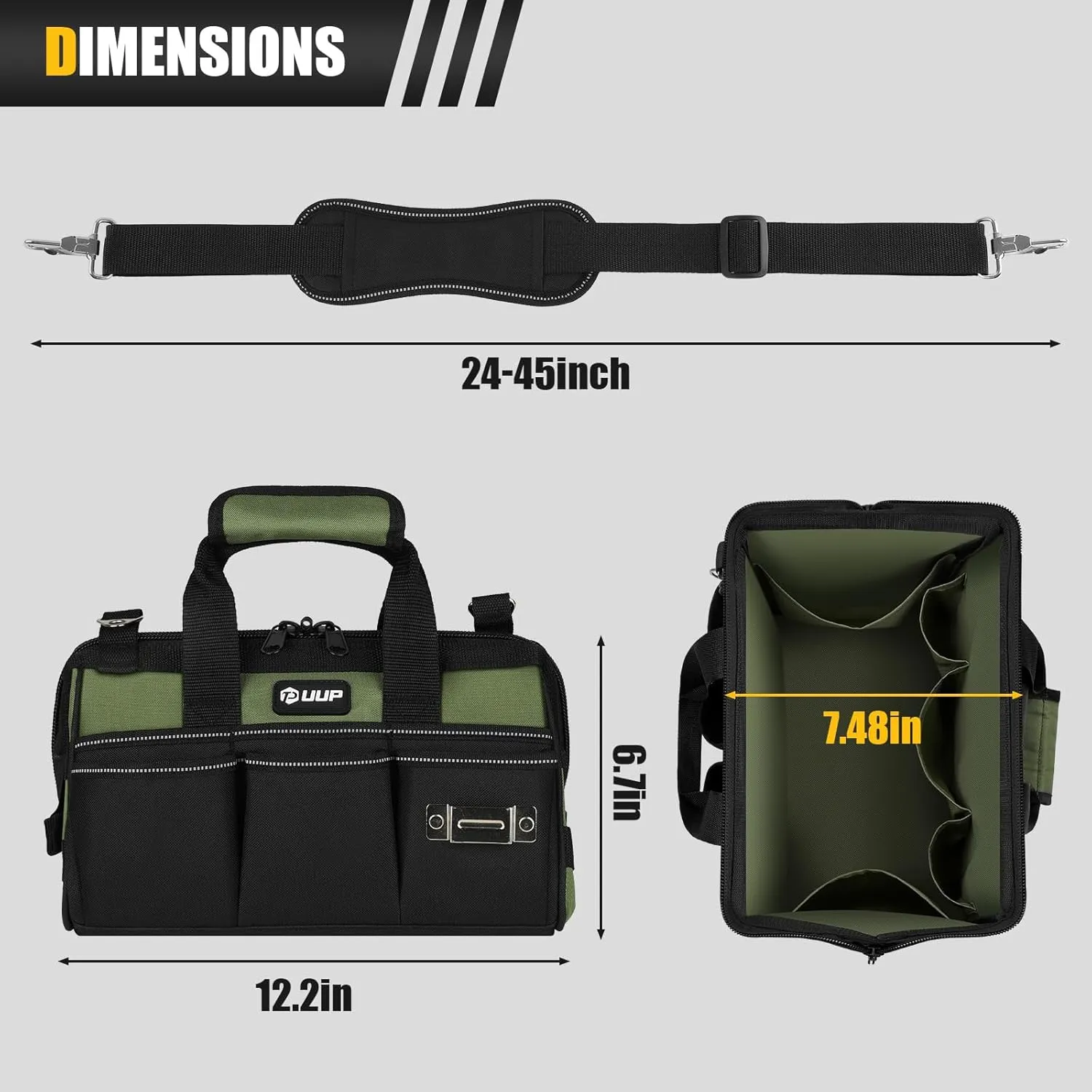 12-Inch Small Tool Bag, 15-Pocket Portable Tool Box Organizer Storage, Heavy Duty Tactical Carrying Tote, Home Toolbag with Large Zipper, Father Day Dad Men Engineer Electrician Gift, Green
