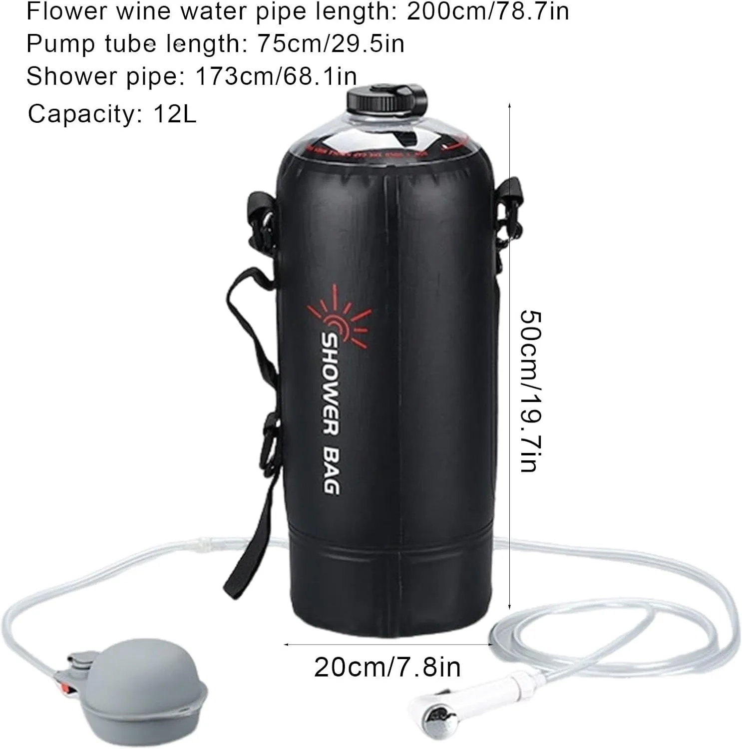12l Large Capacity Camping Shower, Portable Solar Shower Bag, PVC Shower Bag, Lightweight Travel Shower Solution for Outdoor, Traveling Hiking Camping Shower, 50x20 cm, Weight: 1150 g