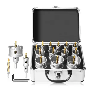 13Pcs Upgrade Heavy Duty Carbide Hole Saw Kit - Metal Steel Hole Saw Drill Bits TCT Hole Cutter with 1Pc Center Drill 2Pcs L-Wrench - Hole Saw Set for Metal, Steel, Iron, Alloy, Copper