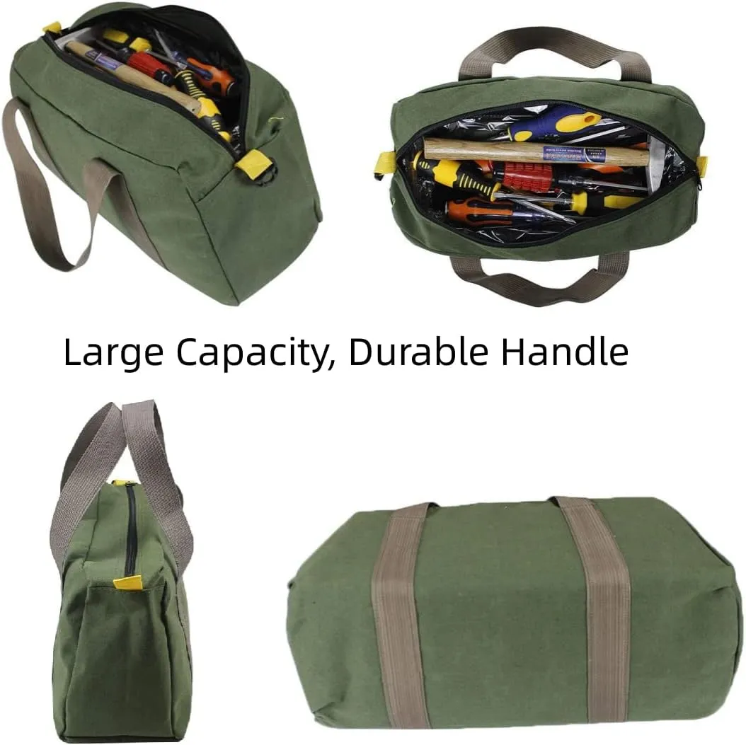 14 Inch Canvas Wide Mouth Tool Bag, Large Capacity Tool Storage Bags for Men, Small Tool Pouch, Tool Organizer Tote Bag for Storage Wrenches Pliers (Green - 14 inch)