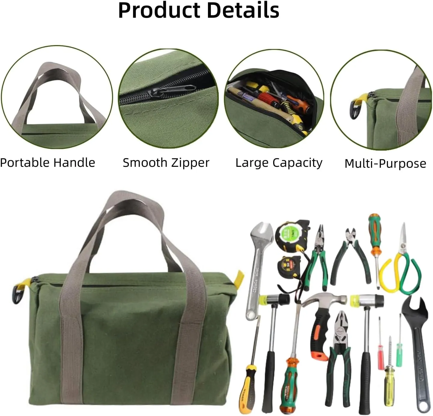 14 Inch Canvas Wide Mouth Tool Bag, Large Capacity Tool Storage Bags for Men, Small Tool Pouch, Tool Organizer Tote Bag for Storage Wrenches Pliers (Green - 14 inch)