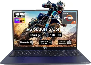 15.6 Business-gaming-Laptop, 6-Cores AMD Ryzen 5 6600H 660M 6nm GPU, 32GB DDR5 1TB SSD(Beat i5-12450H up to 4.5GHz)100W Type-C FHD IPS Laptop-Computer with Fingerprint Backlit Keyboard WiFi5 Win11