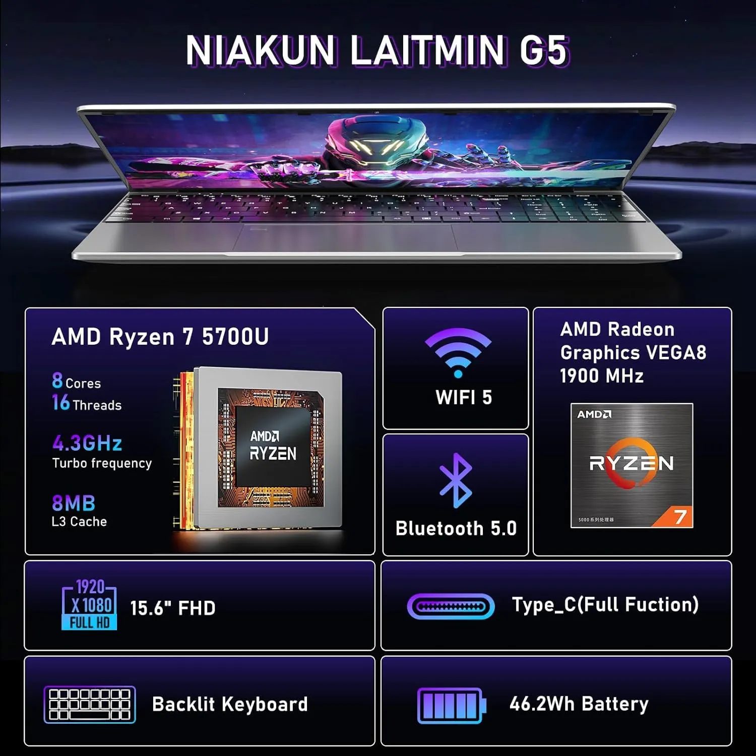 15.6 Inch Laptop Computer,Gaming Laptop,AMD Ryzen 7 5700U 8C/16T Processor(up to 4.3Ghz),16GB RAM 1TB SSD,AMD Radeon Graphics,15.6” FHD 1920 * 1080 Display,WiFi 5,BT5.0,Backlit Keyboard