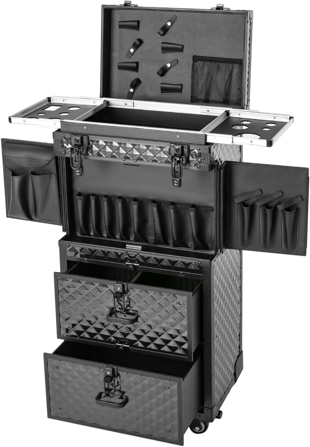 15x10x32 inch Rolling Makeup Bag, Freestanding Nail Tattoo Travel Case, Multi-tier Makeup Rolling Train Case, Large Cosmetology Case on Wheels with Locks, Wheels