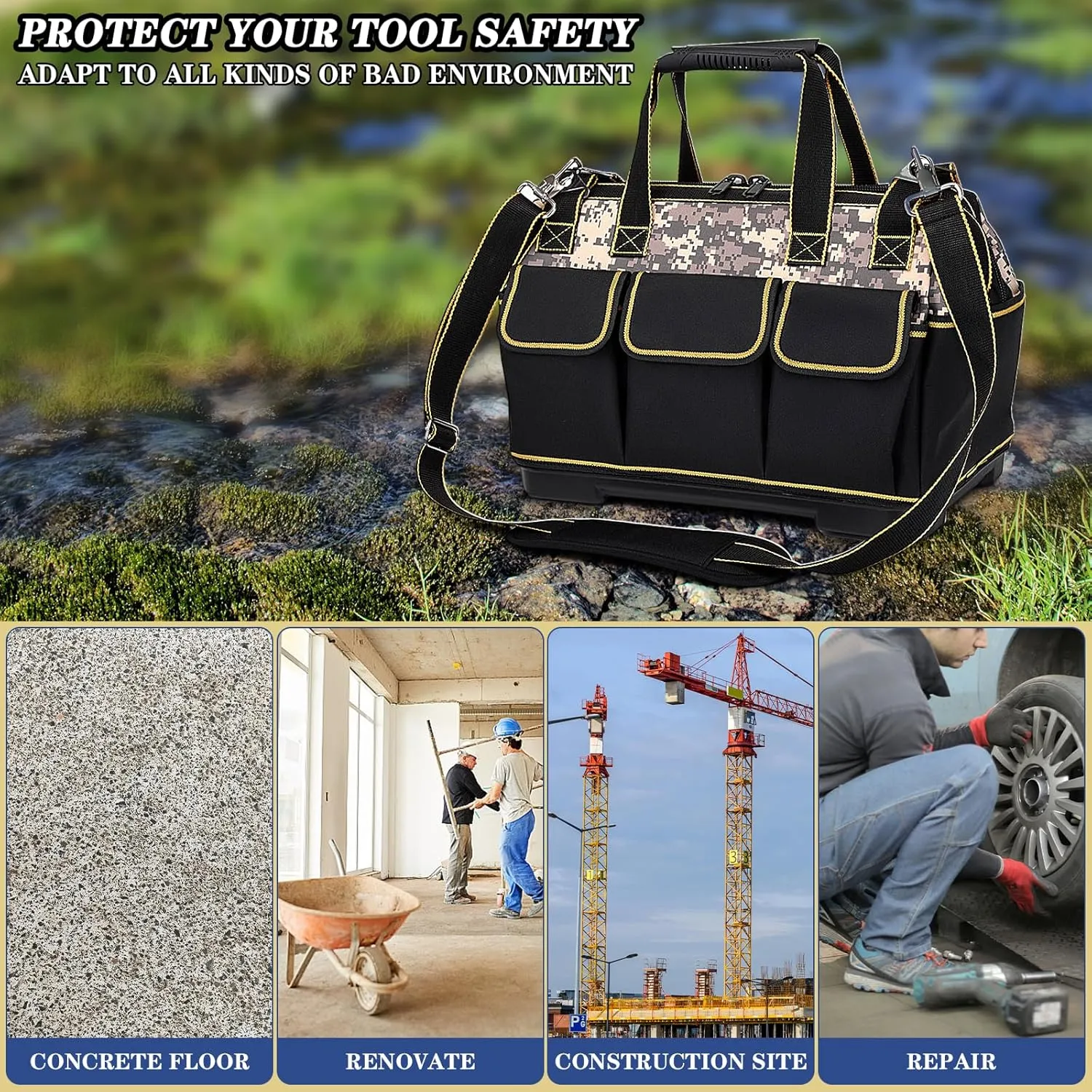 17 Inch Heavy duty tool bag, multifunctional tool bag organizer, waterproof and wear-resistant base with large double zipper and adjustable shoulder strap, gift for Father's Day and Men