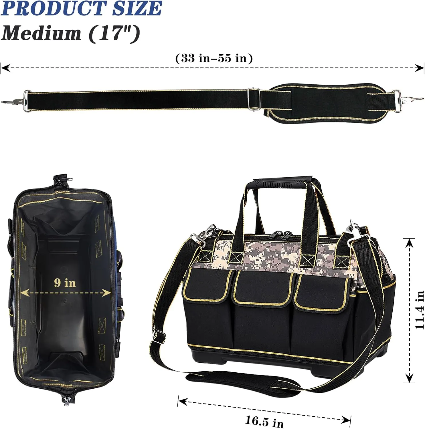 17 Inch Heavy duty tool bag, multifunctional tool bag organizer, waterproof and wear-resistant base with large double zipper and adjustable shoulder strap, gift for Father's Day and Men