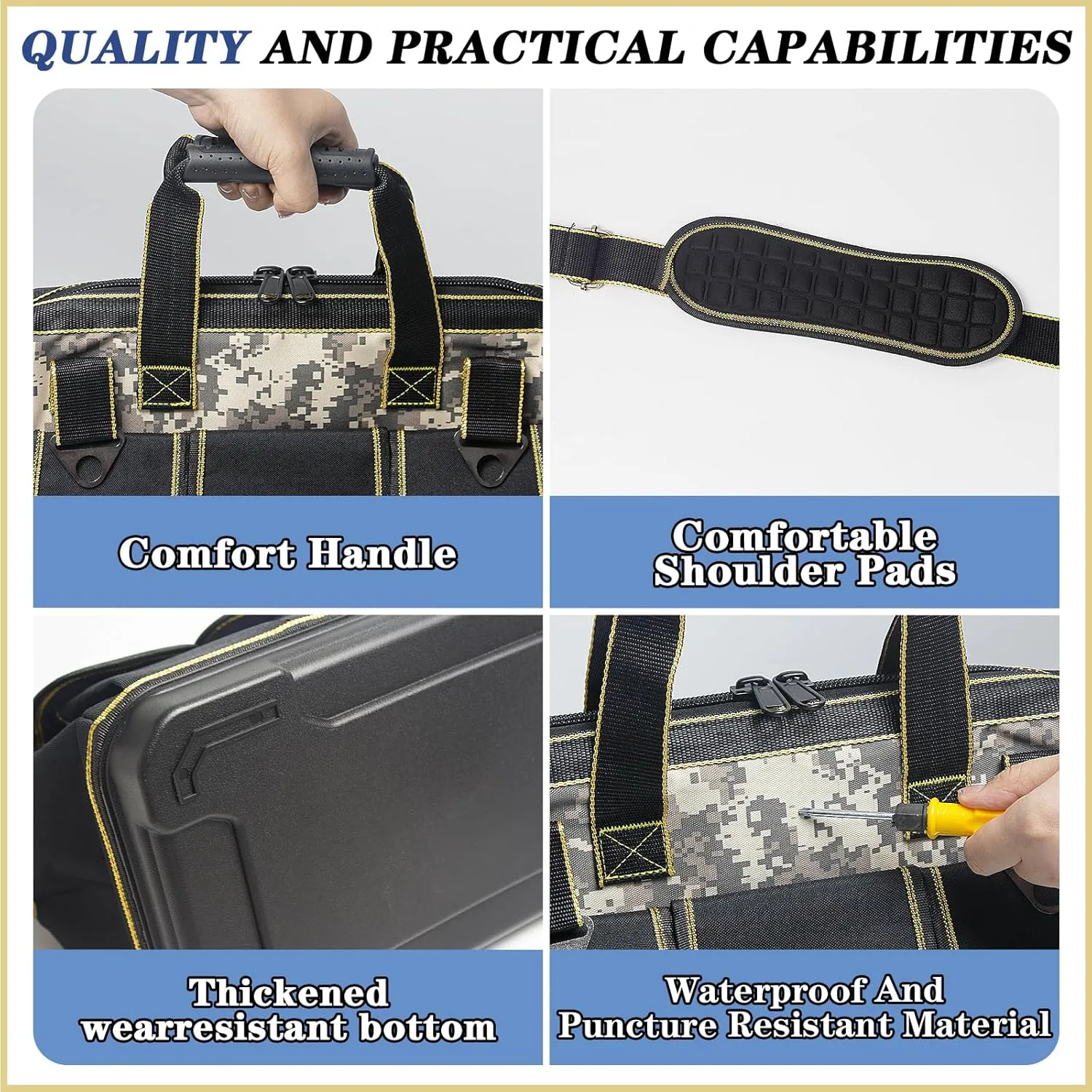 17 Inch Heavy duty tool bag, multifunctional tool bag organizer, waterproof and wear-resistant base with large double zipper and adjustable shoulder strap, gift for Father's Day and Men