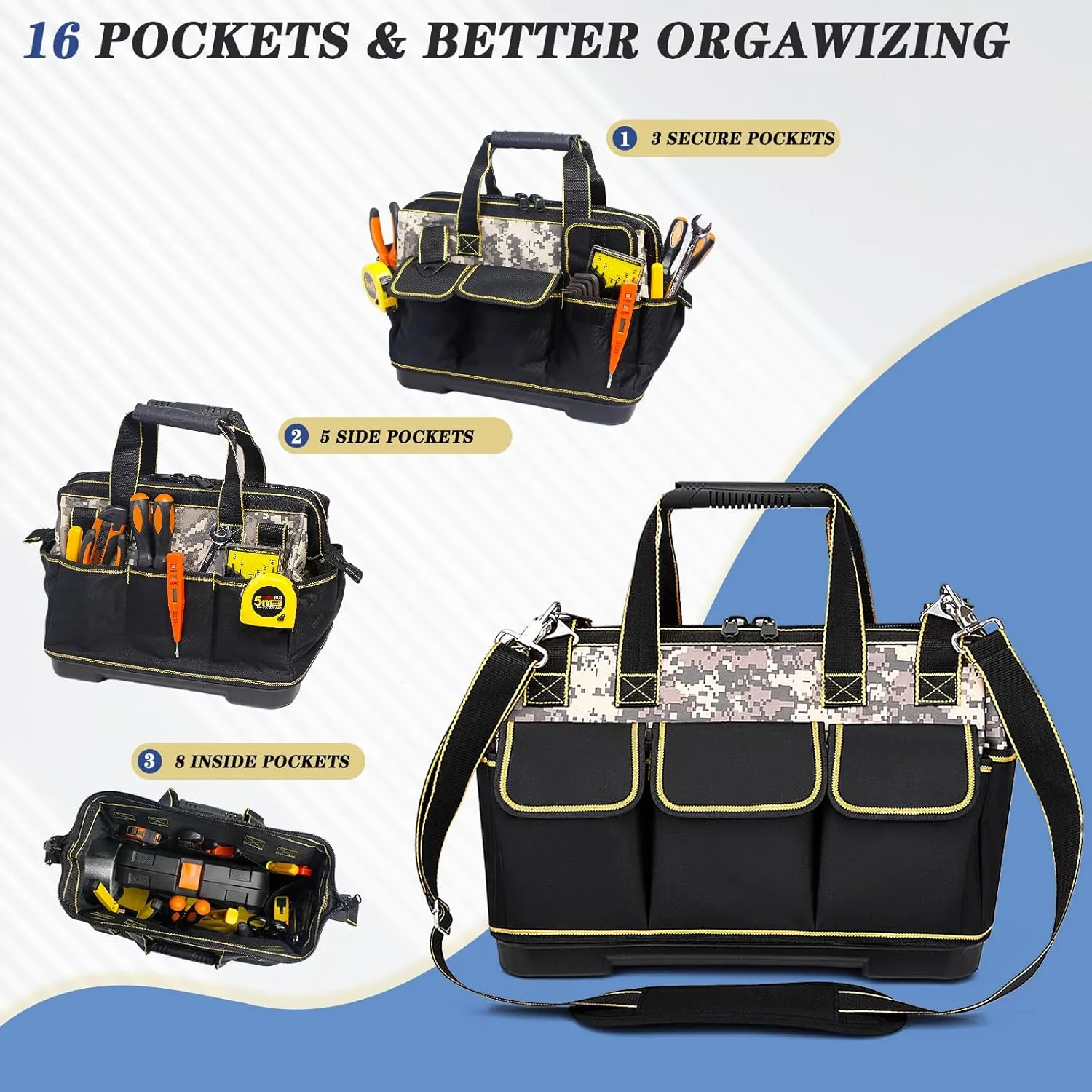 17 Inch Heavy duty tool bag, multifunctional tool bag organizer, waterproof and wear-resistant base with large double zipper and adjustable shoulder strap, gift for Father's Day and Men