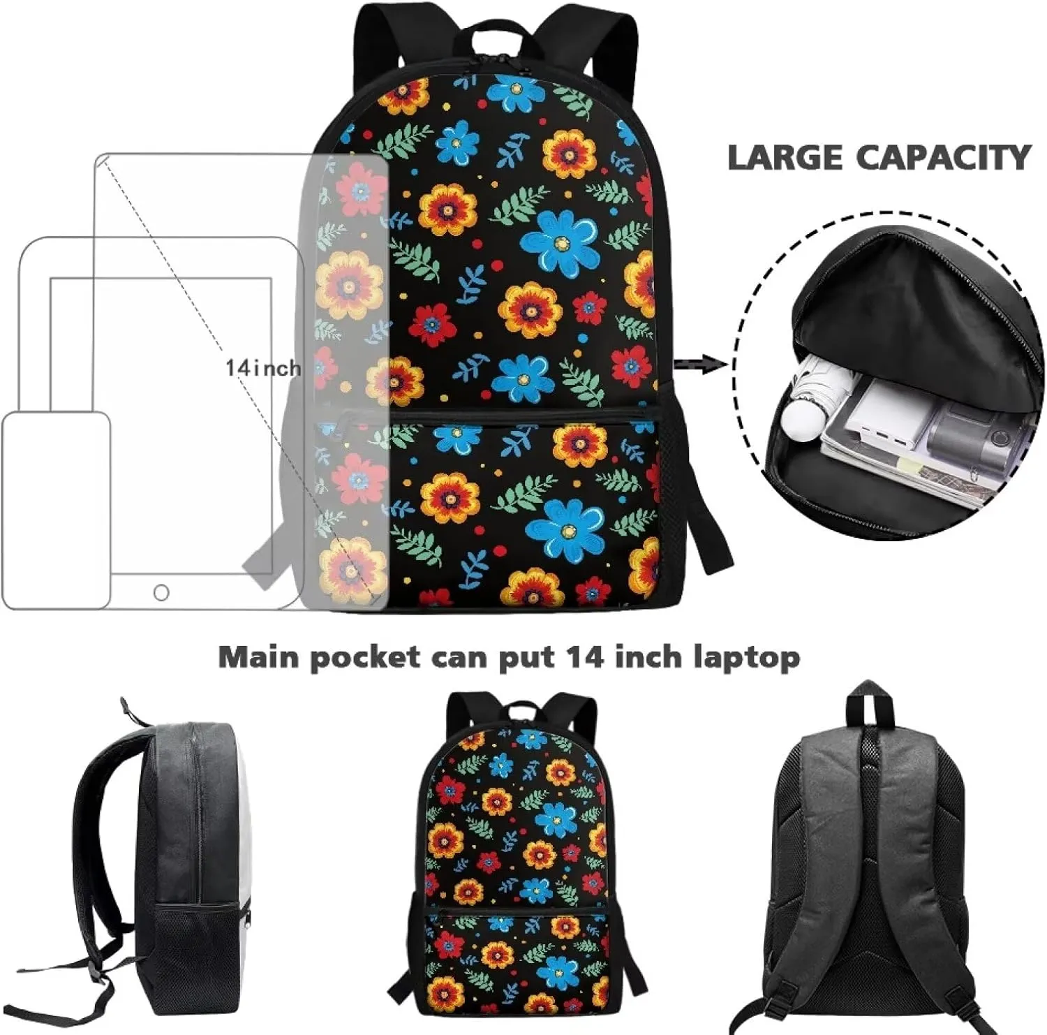 17 Inch Laptop Backpack for School Kids Water Resistant College Shoulder Flower Print with 1 Main Compartment and External Pocket Large Capacity for College Travel Picnic