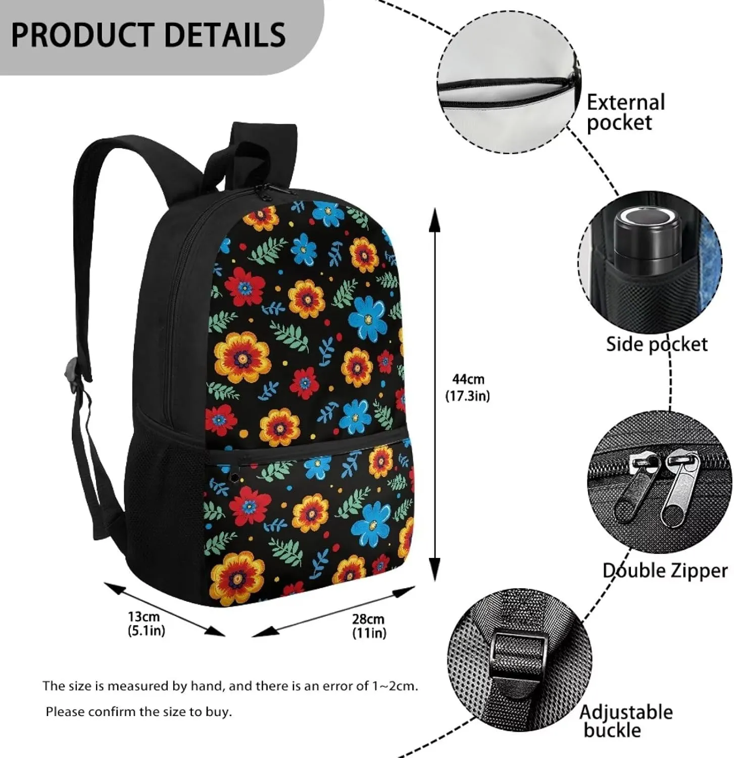 17 Inch Laptop Backpack for School Kids Water Resistant College Shoulder Flower Print with 1 Main Compartment and External Pocket Large Capacity for College Travel Picnic