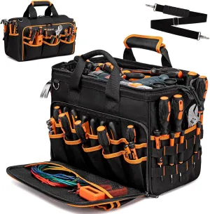 17-Inch Tool Bags for Men Heavy Duty, 46-Pocket Heavy Duty Tool Bag, Foldable Hvac Tool Bag Organizer with Wide Mouth & Adjustable Shoulder Strap for Electricians Mechanics Craftsman Contractor
