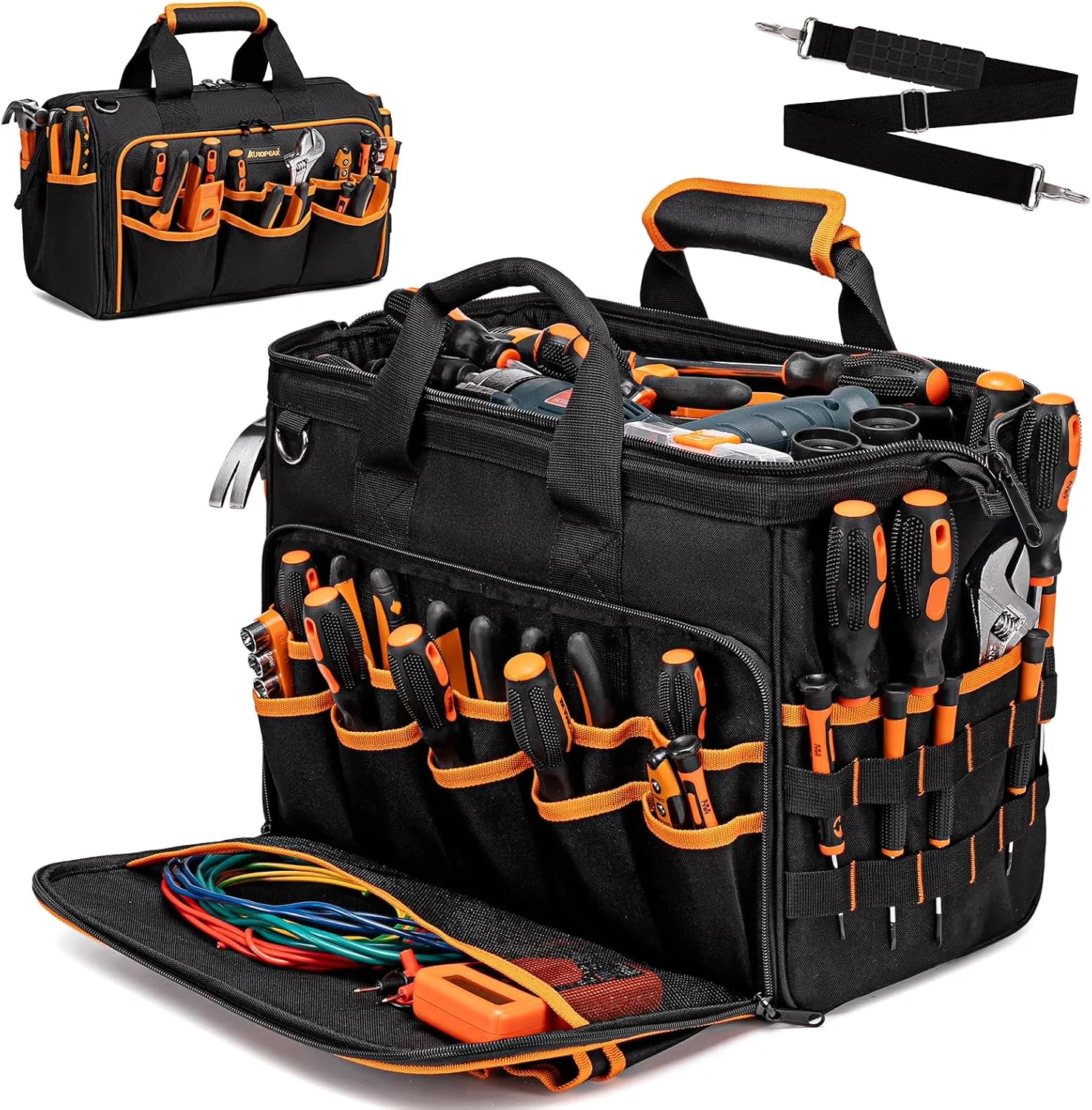 17-Inch Tool Bags for Men Heavy Duty, 46-Pocket Heavy Duty Tool Bag, Foldable Hvac Tool Bag Organizer with Wide Mouth & Adjustable Shoulder Strap for Electricians Mechanics Craftsman Contractor