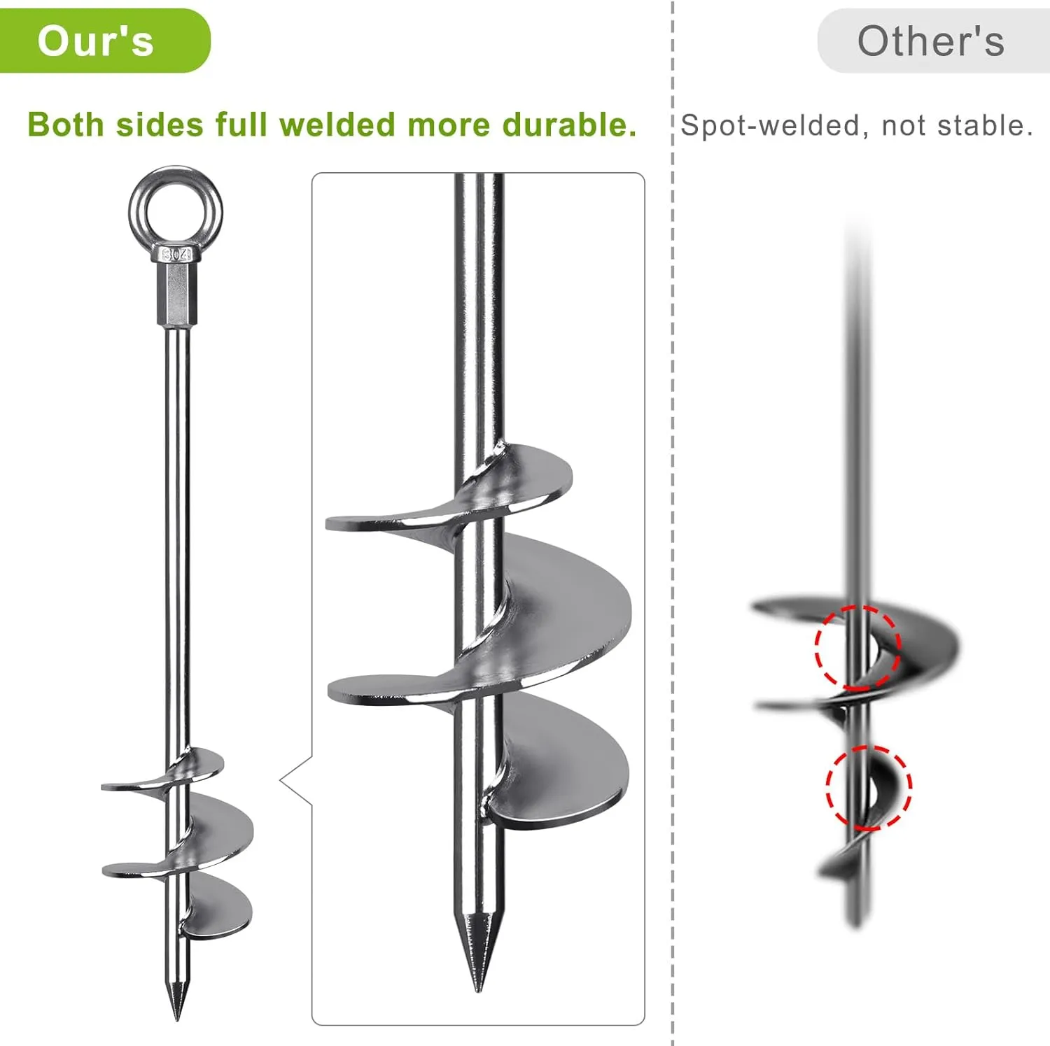 18'' Ground Anchors Screw in Heavy Duty 12mm Solid Steel, 3" Spiral Blade with Smooth Edges, Fully Welded Design for Mobile Home, Shed, Trampoline, Swing Set, Carport, Earth, Tent, 2Pack