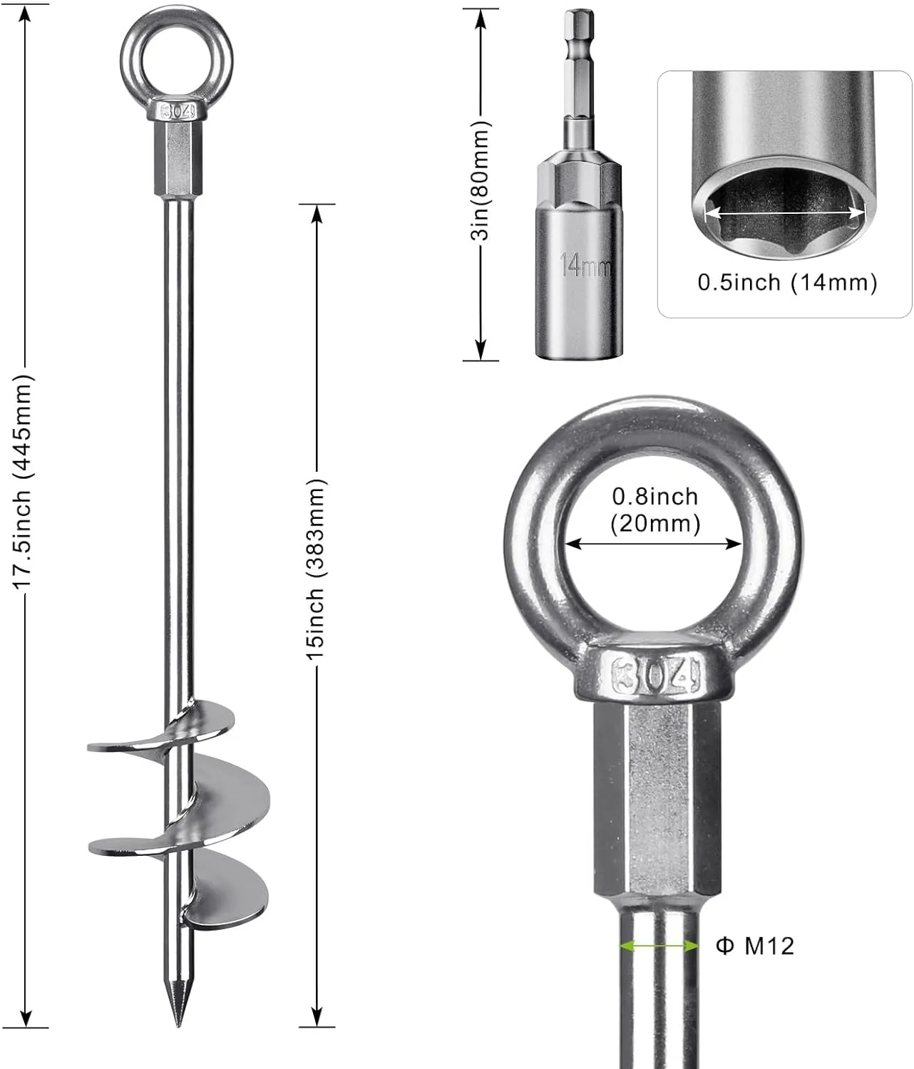 18'' Ground Anchors Screw in Heavy Duty 12mm Solid Steel, 3" Spiral Blade with Smooth Edges, Fully Welded Design for Mobile Home, Shed, Trampoline, Swing Set, Carport, Earth, Tent, 2Pack
