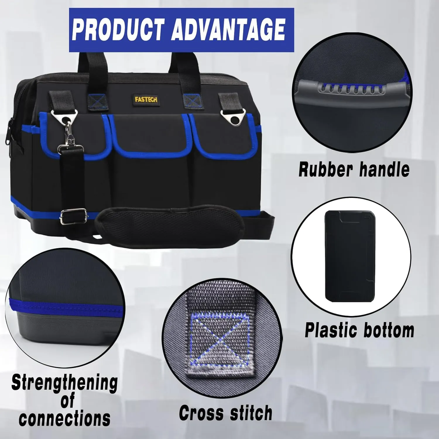 18 Inch Tool Bag, Waterproof Wide Mouth Tool Kit, Heavy Duty Tool Bag Organizer With Shoulder Straps, Tool Storage Package For Men/Women (Blue18IN)