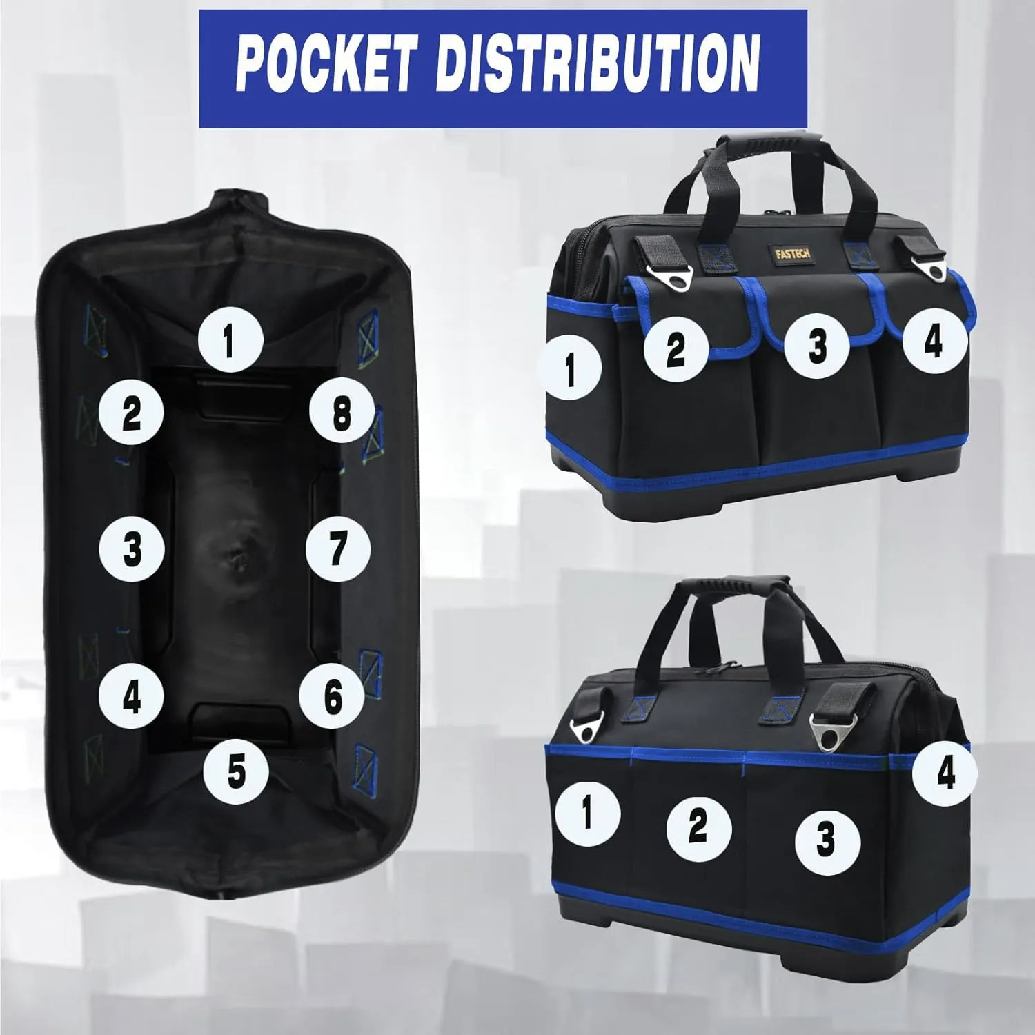 18 Inch Tool Bag, Waterproof Wide Mouth Tool Kit, Heavy Duty Tool Bag Organizer With Shoulder Straps, Tool Storage Package For Men/Women (Blue18IN)