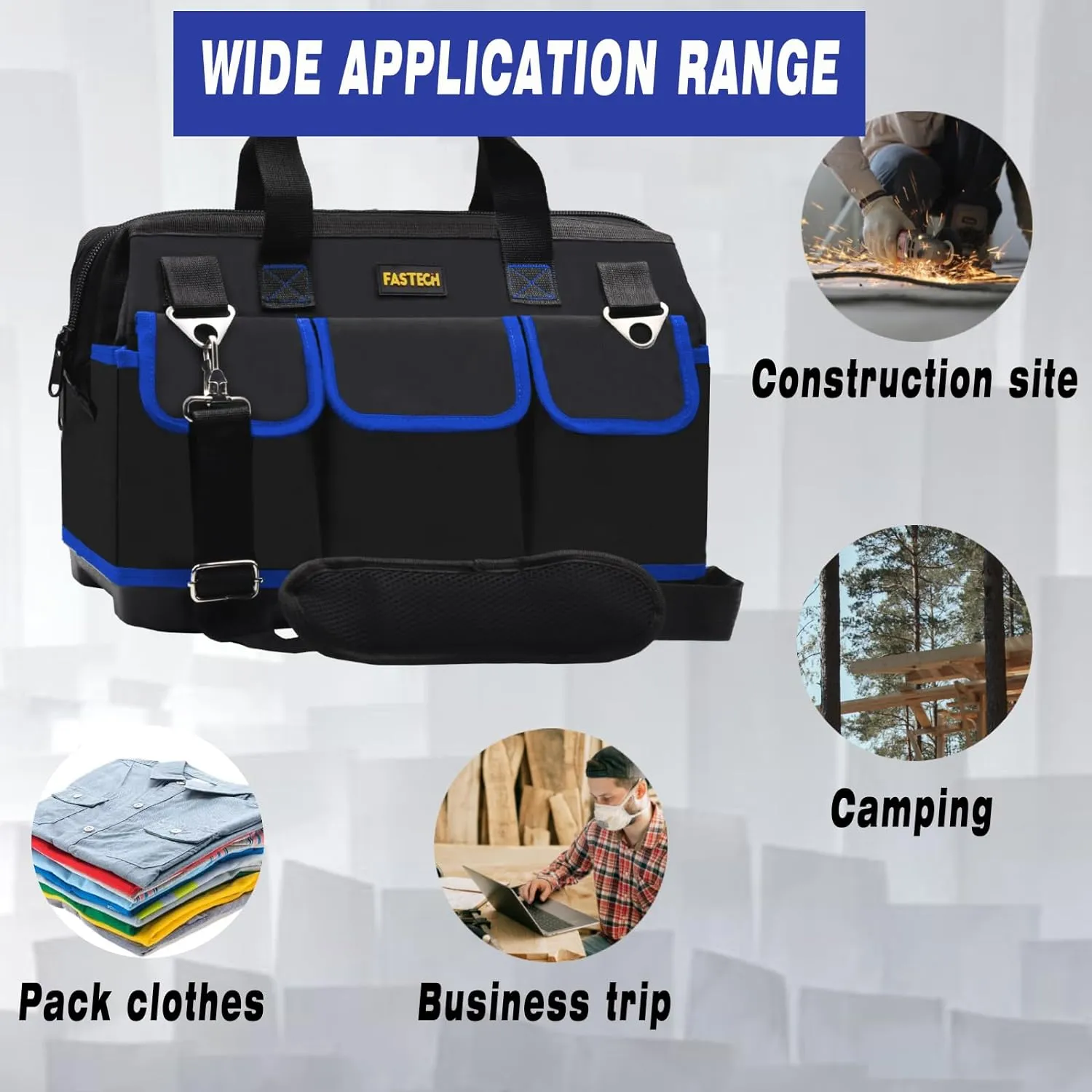 18 Inch Tool Bag, Waterproof Wide Mouth Tool Kit, Heavy Duty Tool Bag Organizer With Shoulder Straps, Tool Storage Package For Men/Women (Blue18IN)
