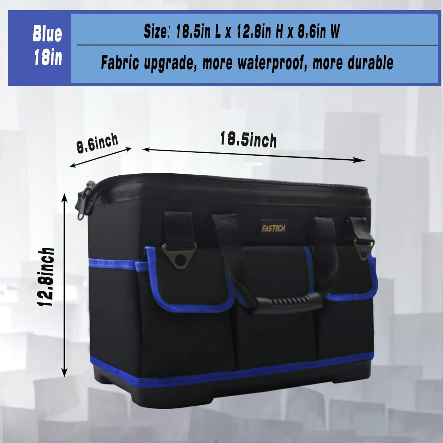 18 Inch Tool Bag, Waterproof Wide Mouth Tool Kit, Heavy Duty Tool Bag Organizer With Shoulder Straps, Tool Storage Package For Men/Women (Blue18IN)