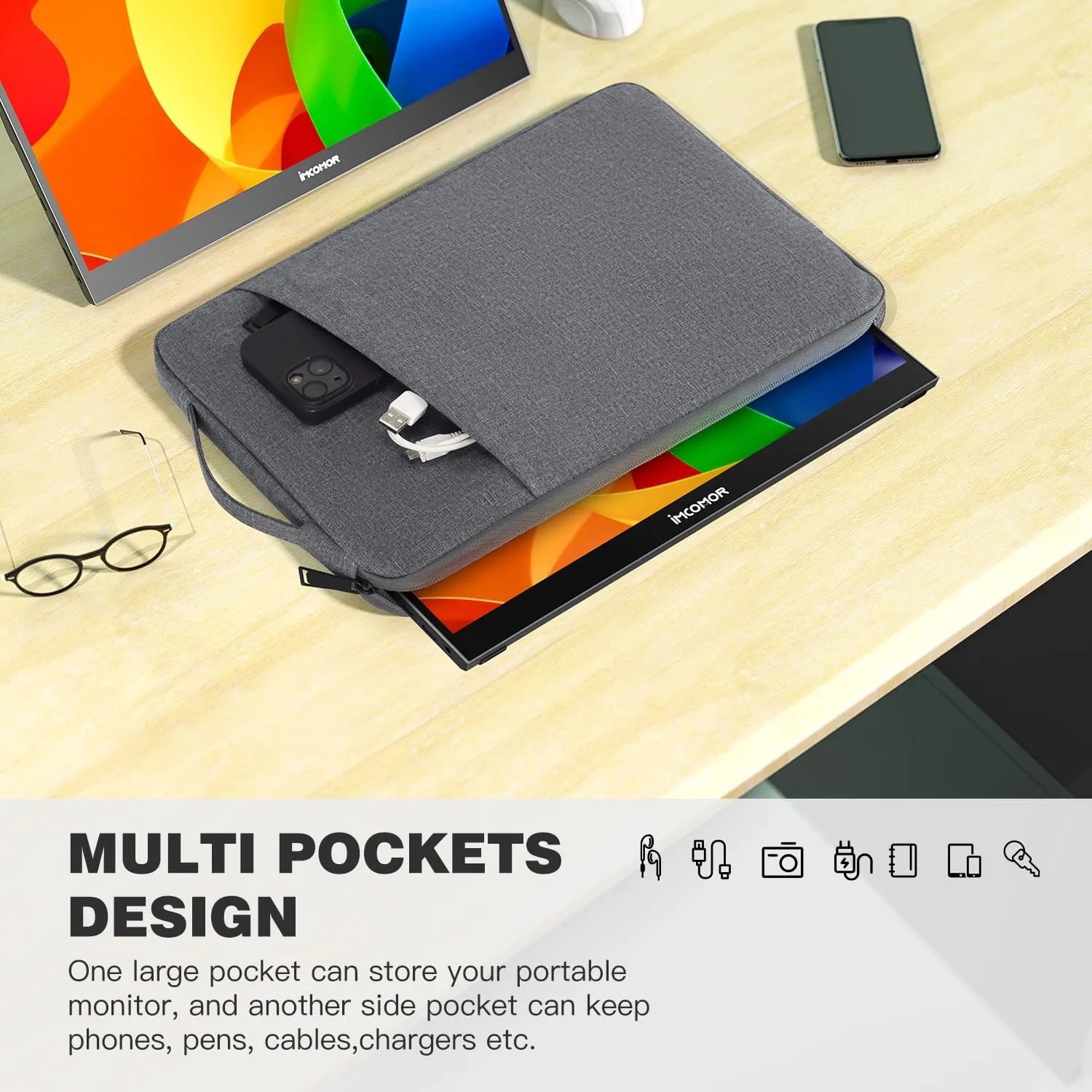 18.5 Inch Portable Monitor Case Protective Sleeve for InnoView VisionOwl Upperizon Usparkle Ingnok aimuonos Ingnok Motyeowe Cocopar EVICIV HONGO, 18-18.5" Laptop Notebook Carrying Bag, Gray