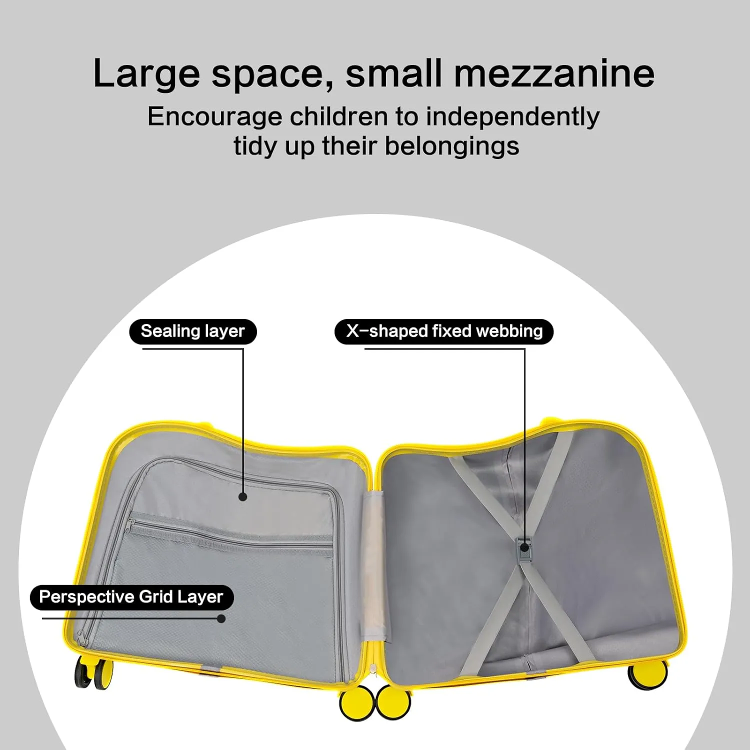 18" Kids Carry On Luggage, Ride-On Kids' Suitcase with Double Spinner Wheels, Cute Lightweight Tow-Along Luggage with Password Lock, Children's Trolly Case for Travel Study Tours (Yellow)