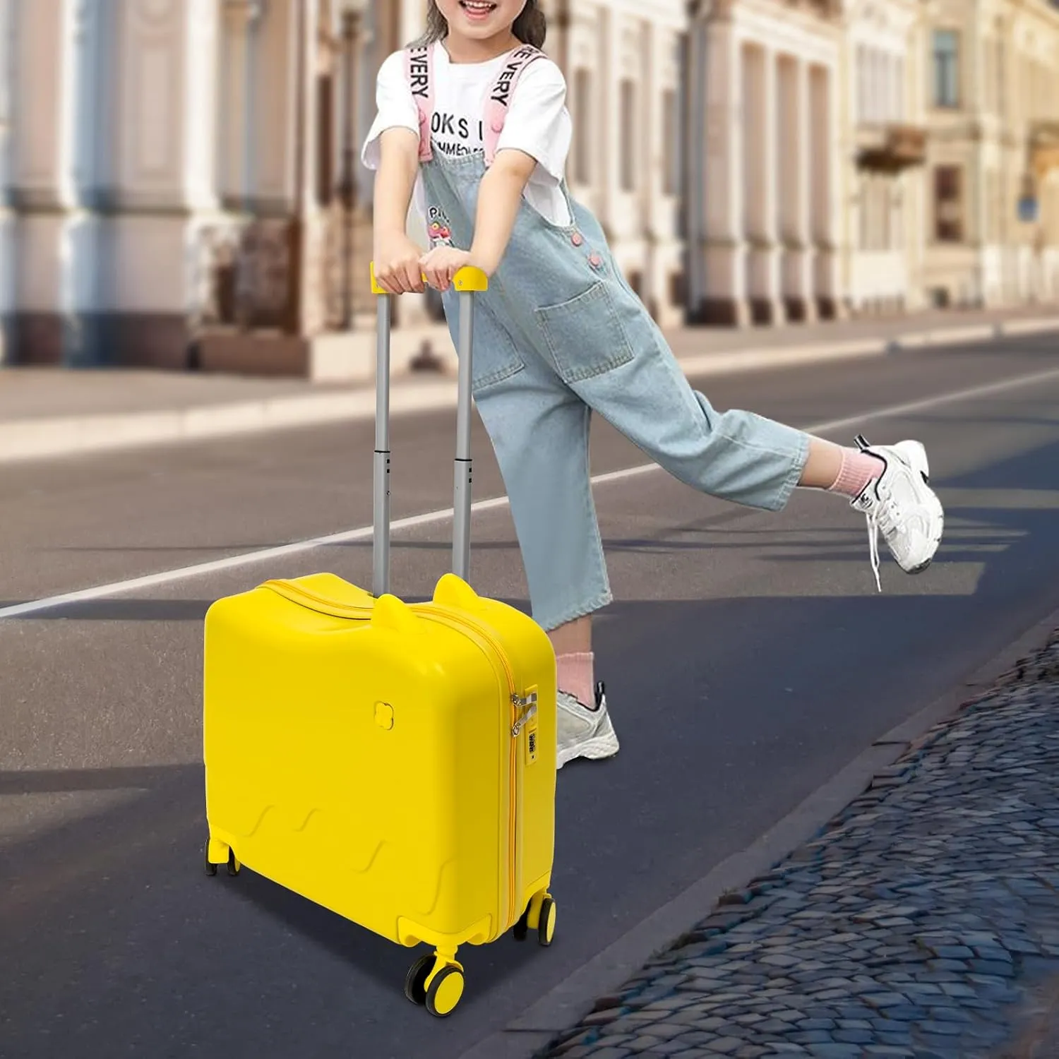 18" Kids Carry On Luggage, Ride-On Kids' Suitcase with Double Spinner Wheels, Cute Lightweight Tow-Along Luggage with Password Lock, Children's Trolly Case for Travel Study Tours (Yellow)