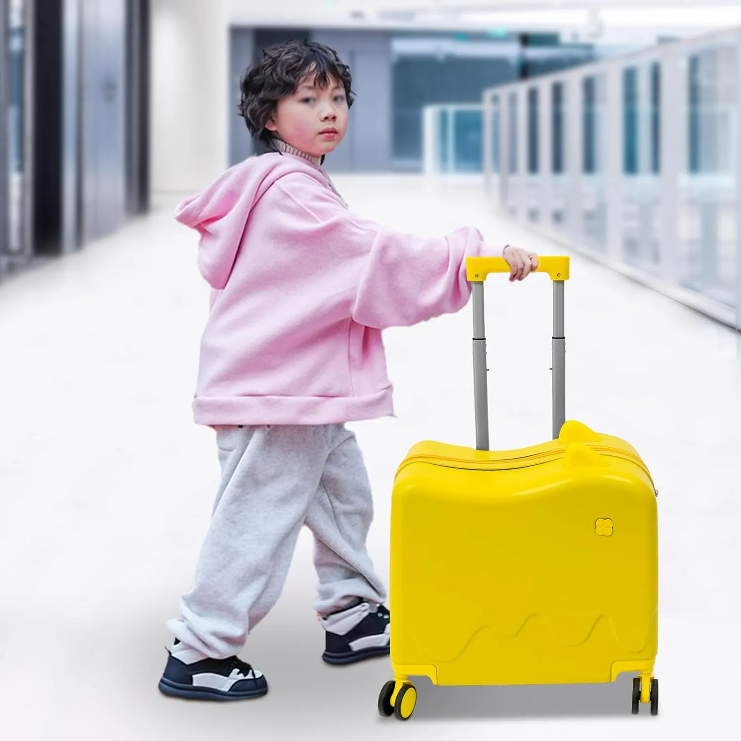 18" Kids Carry On Luggage, Ride-On Kids' Suitcase with Double Spinner Wheels, Cute Lightweight Tow-Along Luggage with Password Lock, Children's Trolly Case for Travel Study Tours (Yellow)