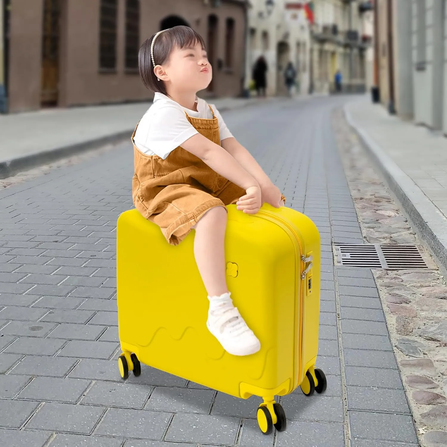 18" Kids Carry On Luggage, Ride-On Kids' Suitcase with Double Spinner Wheels, Cute Lightweight Tow-Along Luggage with Password Lock, Children's Trolly Case for Travel Study Tours (Yellow)