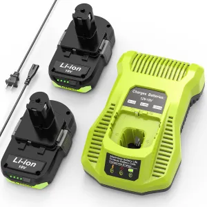 18v 3.0Ah Replacement Lithium ion Batteries 2-Pack and Charger Combo, Replacement for Ryobi 18V Battery 3000mAh, Compatible with Ryobi one  18-Volt Cordless Power Tools and Charger.