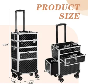 2-In-1 Makeup Train Case Large Storage, Detachable Universal Wheels, Portable Aluminum Cosmetic Trolley, Makeup Travel Case with Diamond Pattern Makeup Artists, Manicurists (Black)
