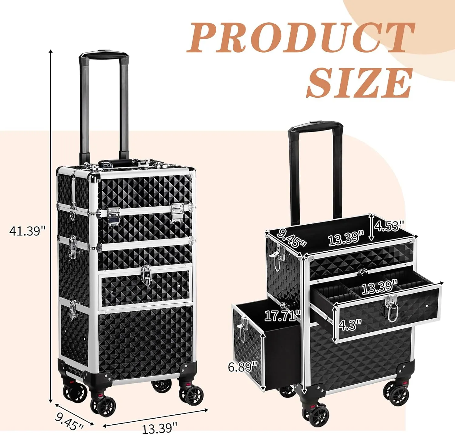 2-In-1 Makeup Train Case Large Storage, Detachable Universal Wheels, Portable Aluminum Cosmetic Trolley, Makeup Travel Case with Diamond Pattern Makeup Artists, Manicurists (Black)