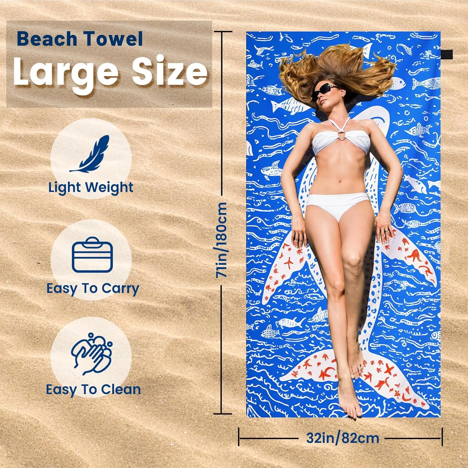 2 Pack Microfiber Beach Towels in a Gift Box. 71x32 Inch Extra Large Super Absorbent Lightweight Quick Dry Oversized Towel for Vacation Essentials Travel Pool Yoga. 2 Pack（Fish & Whale）
