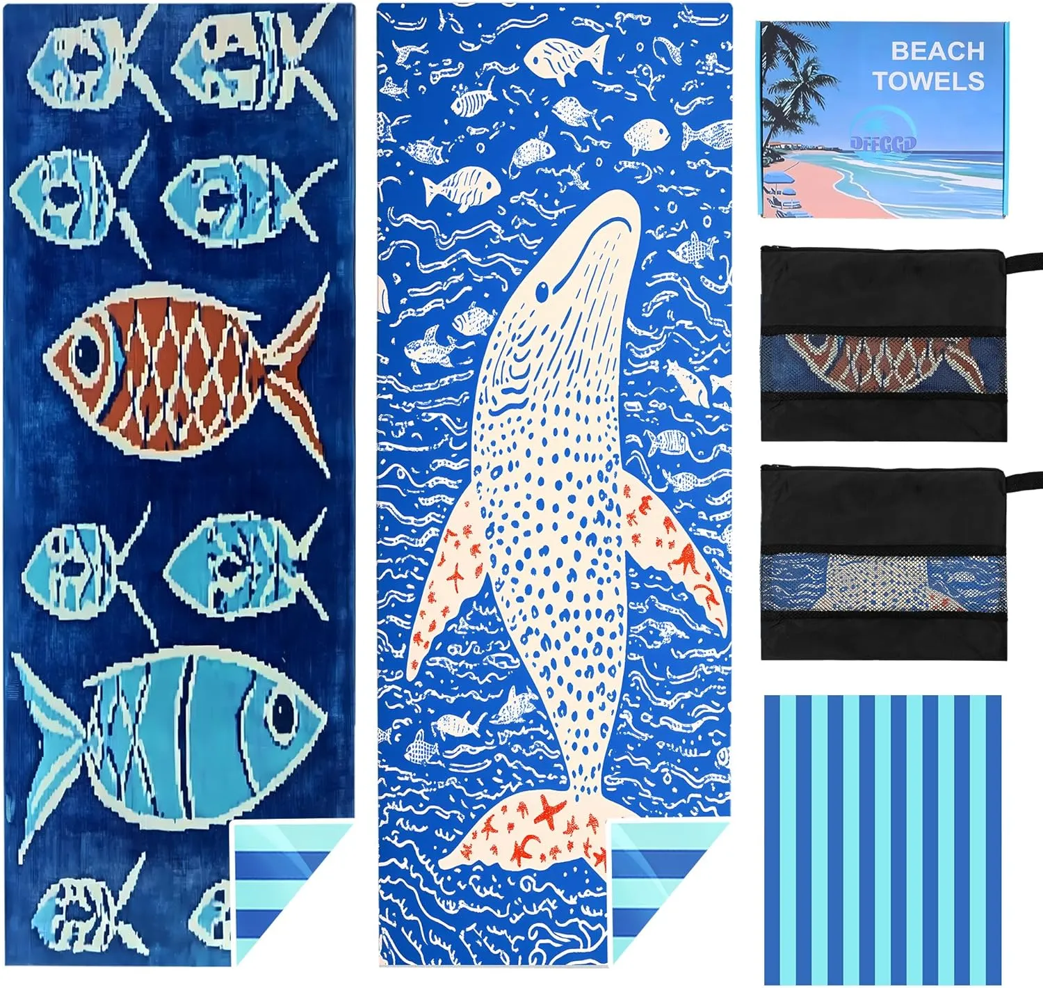 2 Pack Microfiber Beach Towels in a Gift Box. 71x32 Inch Extra Large Super Absorbent Lightweight Quick Dry Oversized Towel for Vacation Essentials Travel Pool Yoga. 2 Pack（Fish & Whale）