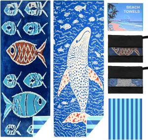 2 Pack Microfiber Beach Towels in a Gift Box. 71x32 Inch Extra Large Super Absorbent Lightweight Quick Dry Oversized Towel for Vacation Essentials Travel Pool Yoga. 2 Pack（Fish & Whale）