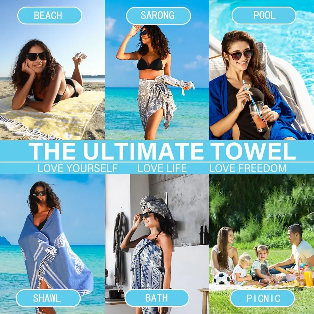 2 Pack Turkish Beach Towel Quick Dry Absorbent Cotton Lightweight Thin Bathroom Bath Pool Swim Towels Extra Large Oversized Sand Free Beach Accessories Essentials Stuff Cloud Adults Gift