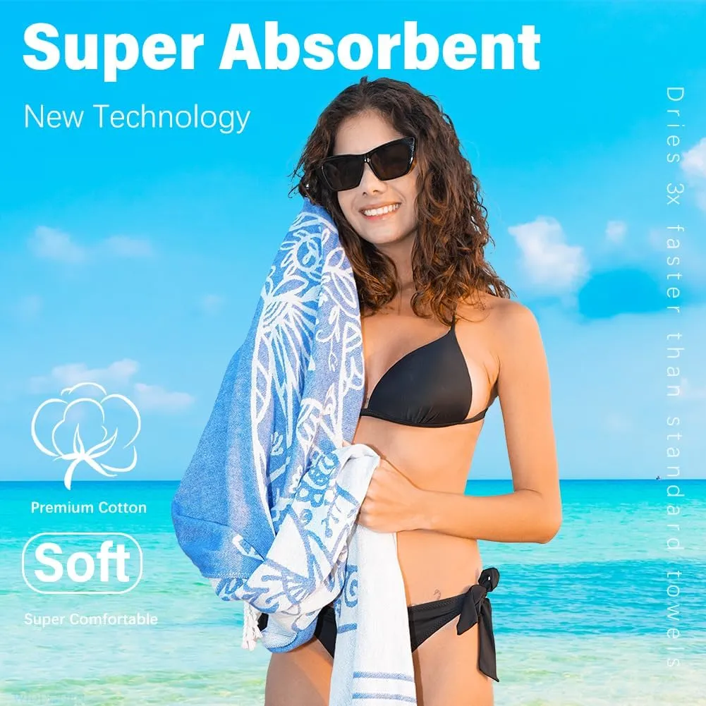 2 Pack Turkish Beach Towel Quick Dry Absorbent Cotton Lightweight Thin Bathroom Bath Pool Swim Towels Extra Large Oversized Sand Free Beach Accessories Essentials Stuff Cloud Adults Gift