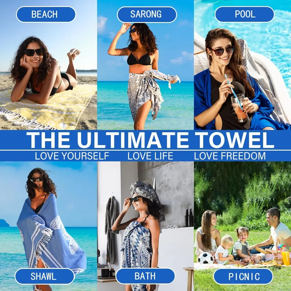2 Pack Turkish Beach Towel Quick Dry Absorbent Cotton Lightweight Thin Bathroom Bath Pool Swim Towels Extra Large Oversized Sand Free Beach Accessories Essentials Stuff Cloud Adults Gift