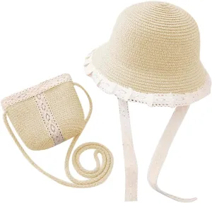 2 Pcs Girls Summer Straw Hat with Shoulder Bag Set Wide Brim Straw Sun Cap UV Protection Cute Lace Design Beach Hat
