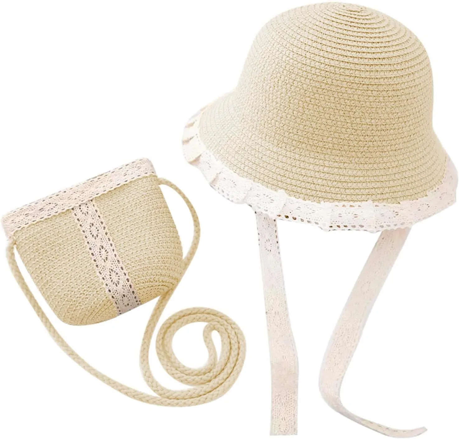 2 Pcs Girls Summer Straw Hat with Shoulder Bag Set Wide Brim Straw Sun Cap UV Protection Cute Lace Design Beach Hat